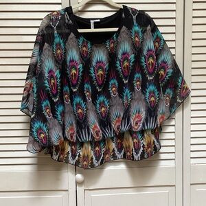 Lilly Lou Black Peacock-Print Blouse with Teal & Magenta Accents